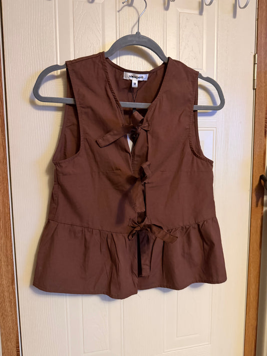 Brown Peplum Tie Front Top-Size M